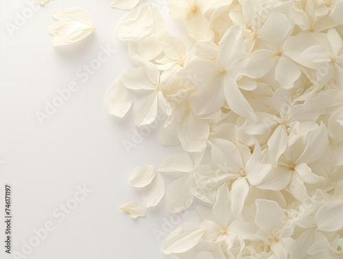 Delicate white flower petals on a pristine white backdrop create a captivating image. © aka_artiom