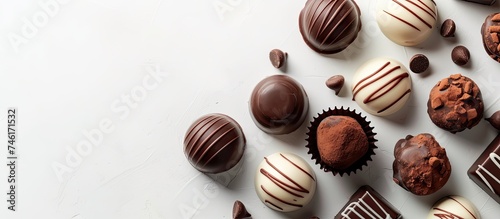 A white table is completely covered with an assortment of delectable chocolates, including pralines and truffles. The chocolates are neatly arranged in rows, creating an inviting display of sweet