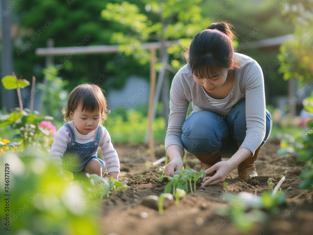 A woman sows seeds while a child plays nearby in her garden.