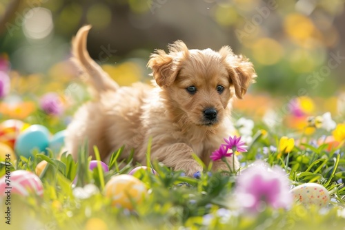Golden Puppy Amidst Easter Eggs and Spring Flowers  a Portrait of Youthful Curiosity in Sunlit Garden