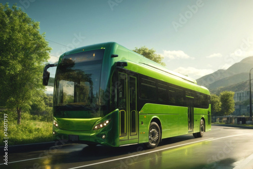 A green electric public bus travels on a road, surrounded by lush greenery and mountains. Concept of development while protecting the environment. Sustainable Development with Green Energy.