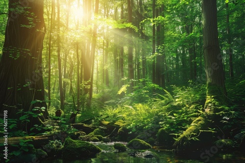 Sunlight piercing through a vibrant green forest with a moss-covered stream