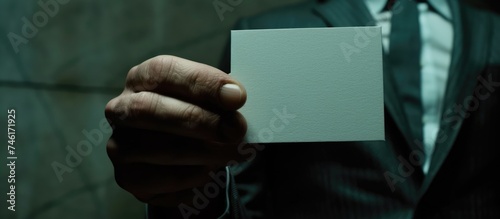 A close-up view of a businessman in a gray suit holding a blank white business card against a dark wall background. The mans hand is prominently displaying the business card. photo