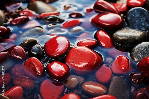 Vibrant Red water stones nature. Zen water. Generate Ai