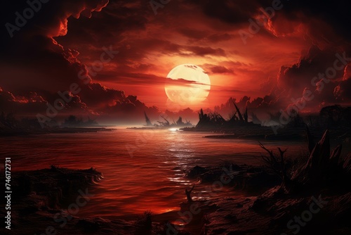 Breathtaking Red sunset view. Summer light. Generate Ai