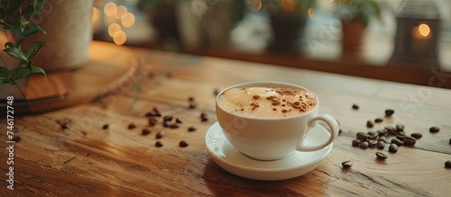 A vintage-styled cappuccino cup sits on a wooden table, surrounded by scattered coffee beans. In the background, there is a light-colored surface with a coffee shop signboard design, offering an empty