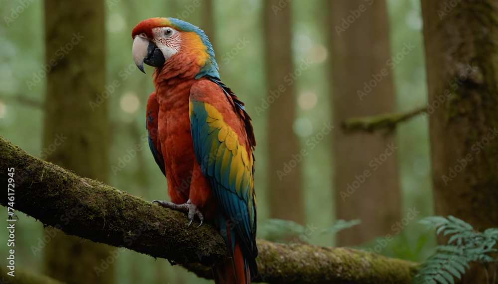 A brightly coloured Ara on a branch in the rainforest A brightly coloured Ara on a branch in the rainforest