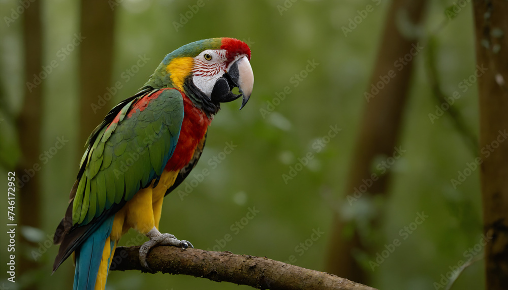 Obraz premium A brightly coloured Ara on a branch in the rainforest