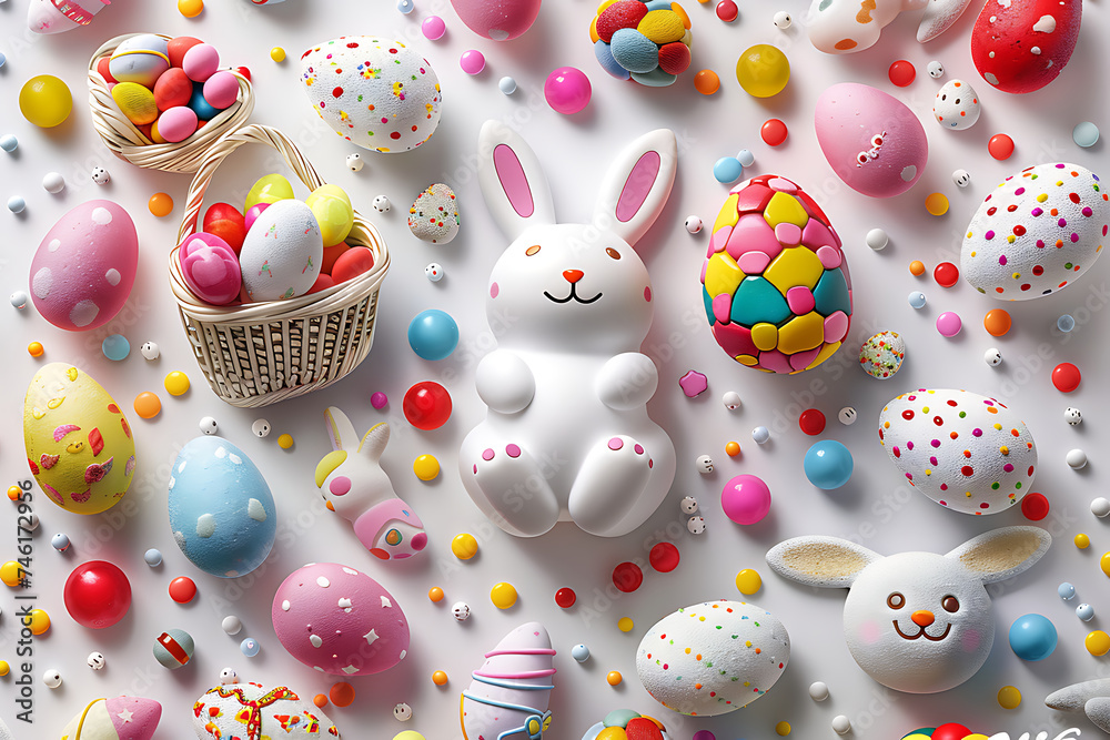 Easter eggs background with cute white bunny