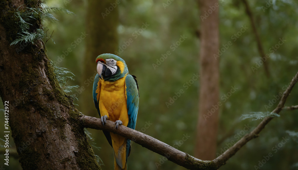 A brightly coloured Ara on a branch in the rainforest A brightly coloured Ara on a branch in the rainforest