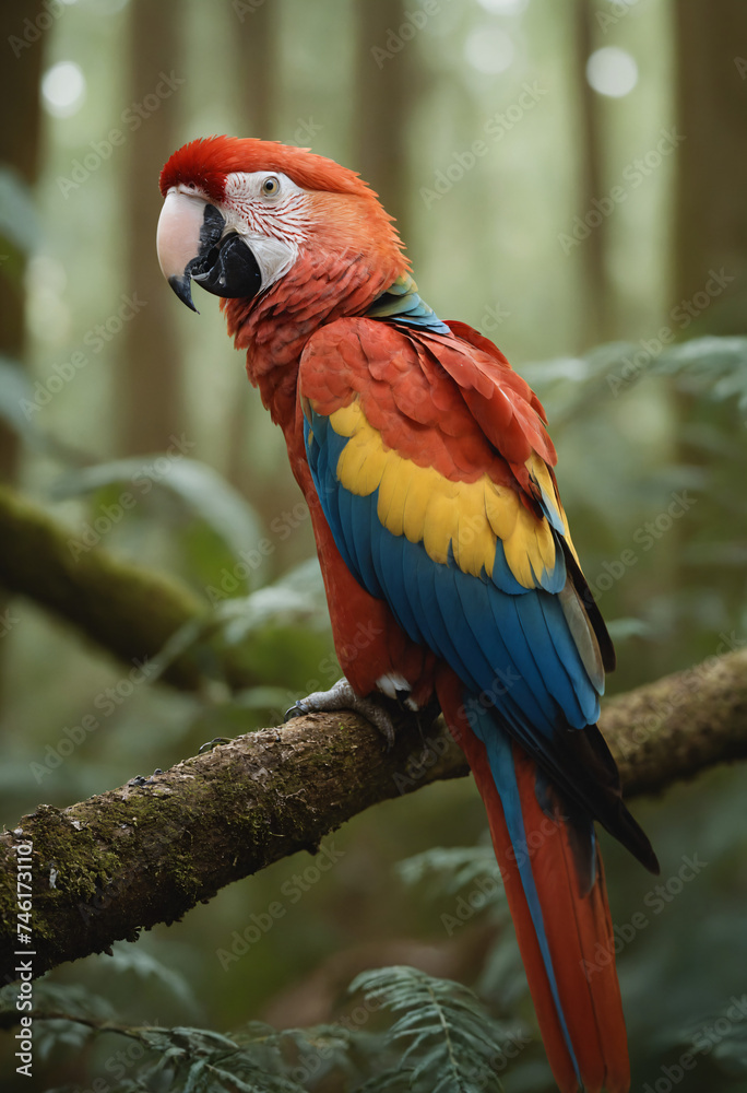 A brightly coloured Ara on a branch in the rainforest A brightly coloured Ara on a branch in the rainforest