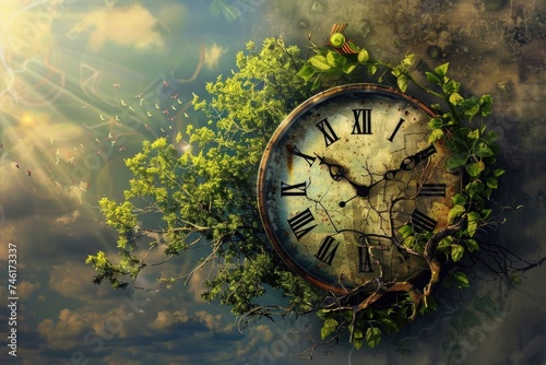 Surreal clock entwined with vibrant greenery against a mystical backdrop, blending time with fantasy photo