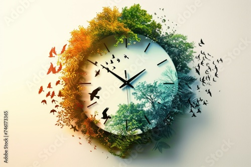 Artistic clock with seasonal tree motif and bird silhouettes, representing the passage of time through seasons