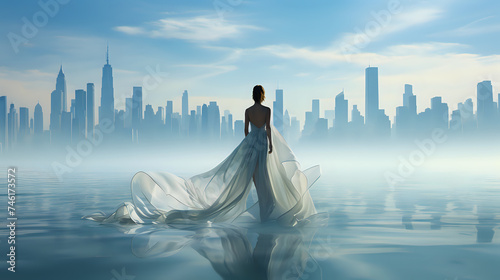 Ethereal City Dreamscape with Elegant Woman.

A surreal cityscape with a woman in a flowing gown, perfect for concepts on dreams, aspirations, and fashion 