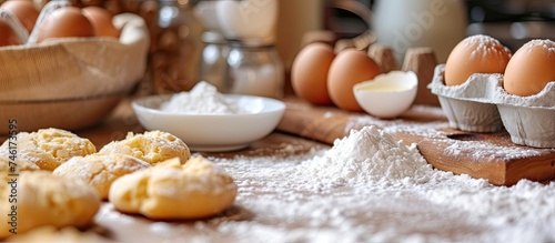 A table adorned with a diverse selection of food items, including freshly baked biscuits, as sugar and eggs are prepared on a brightly lit surface.