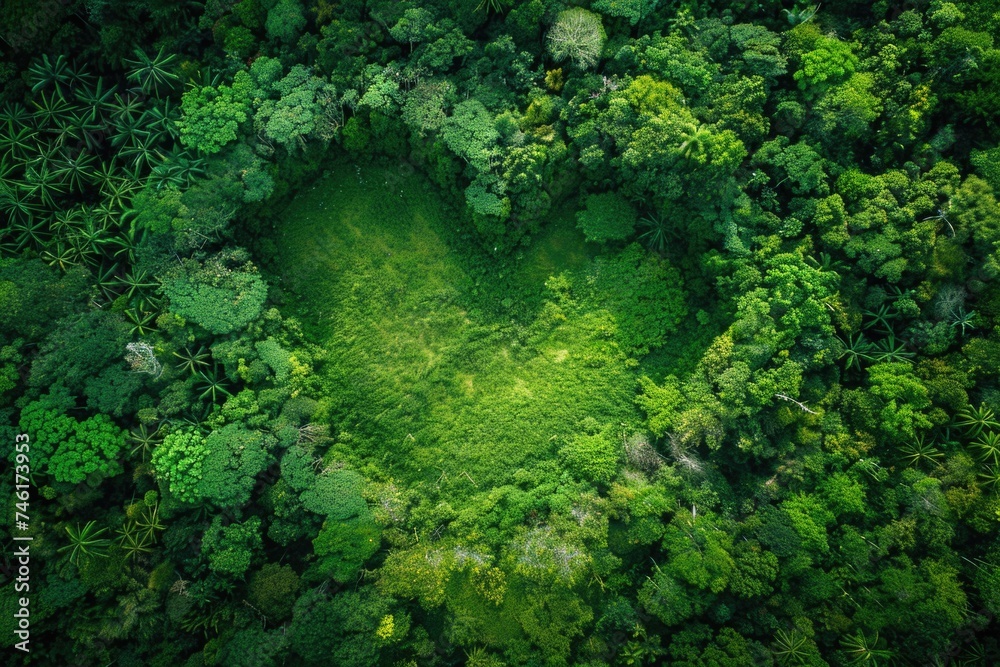 Verdant heart-shaped clearing in a dense forest captured from above, symbolizing nature's hidden love patterns Verdant heart-shaped clearing in a dense forest captured from above, symbolizing nature's hidden love patterns