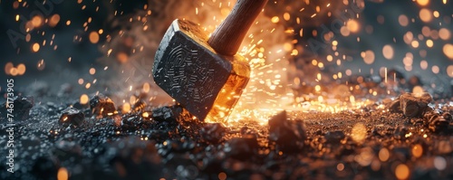 A hammer striking a mythical ore sparks revealing runes on a legendary sword photo