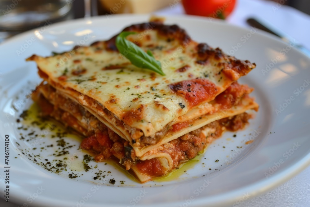 Serving of lasagna on a white plate with tomatoes and herbs in the background, dish presentation. Serving of lasagna on a white plate with tomatoes and herbs in the background, dish presentation.