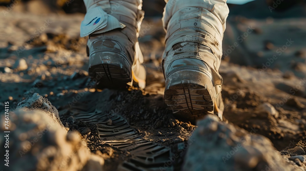 Obraz premium Detailed view of astronaut feet in heavy boots leaving footprints on the moons dusty terrain during a moonwalk