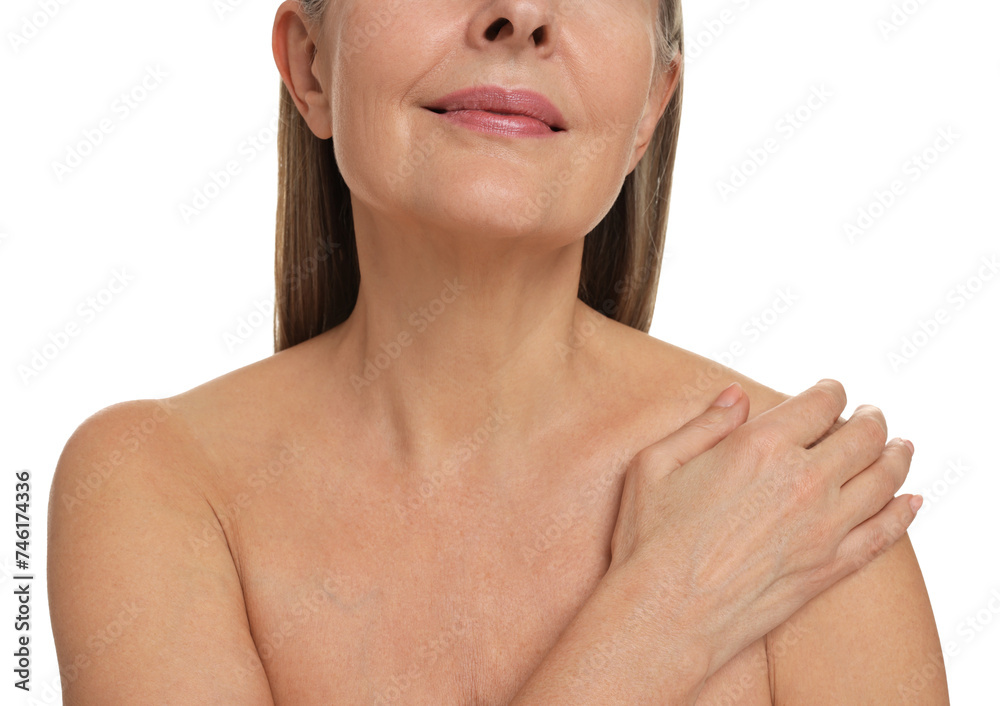 Mature woman with healthy skin on white background, closeup Mature woman with healthy skin on white background, closeup