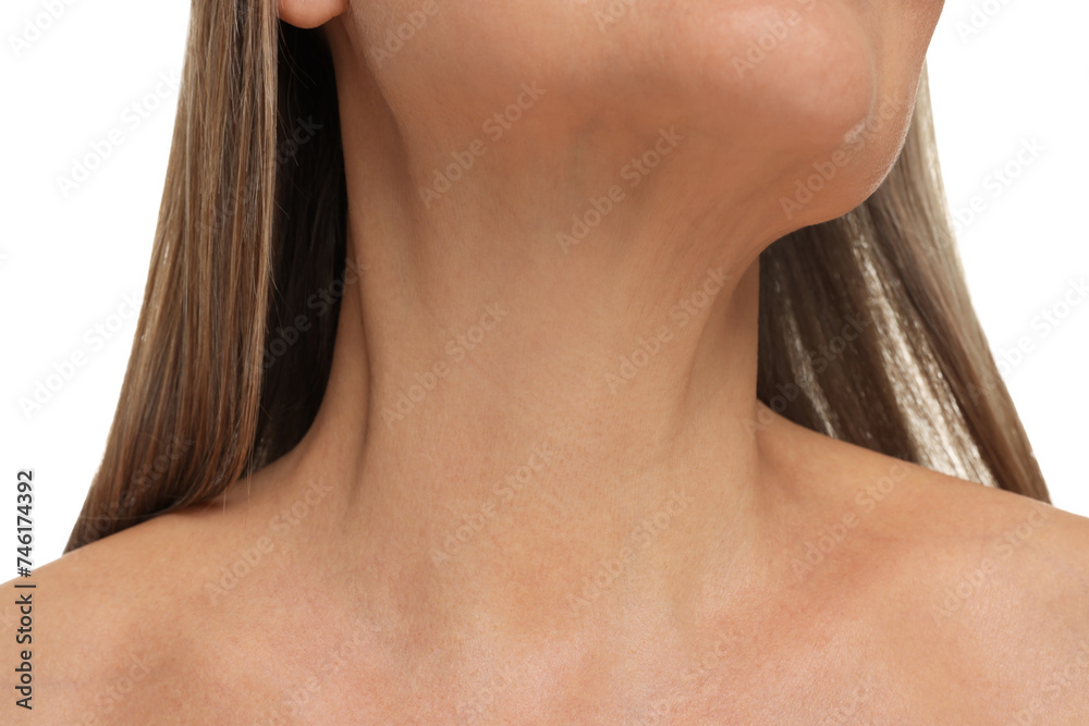 Mature woman showing her neck on white background, closeup Mature woman showing her neck on white background, closeup