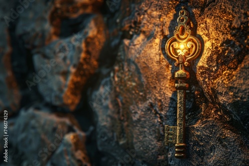 Imagine a golden key that opens a secret door to a mysterious realm photo
