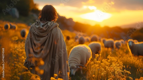 Jesus surrounded by a herd of sheep all listening to his teachings