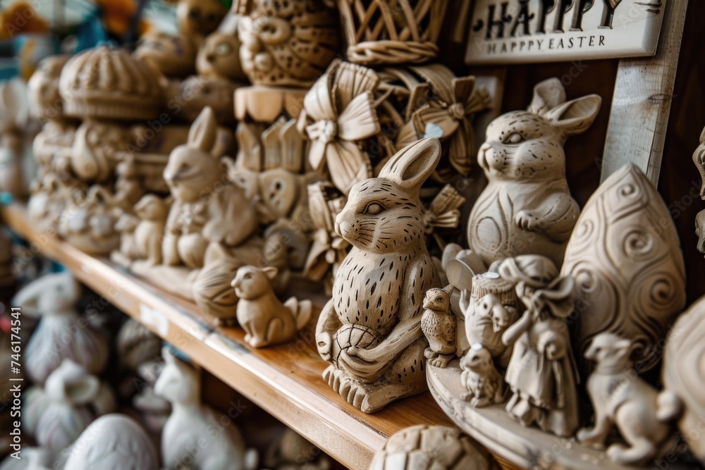 Artisanal Easter-themed pottery on display, featuring rabbits and eggs with intricate designs