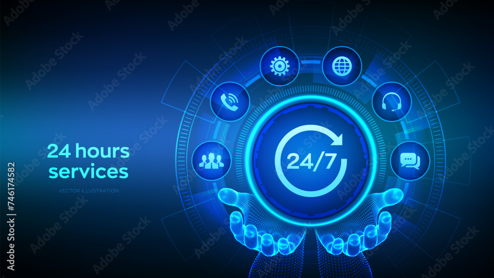 24 hours servises. 24-7 support icon in wireframe hands. Technical support. Customer help. Tech support. Customer service, Business and technology concept. Vector illustration.
