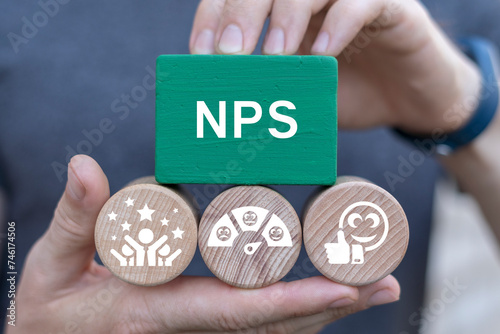 Man holding blocks with icons sees text: NPS. Net Promoter Score ( NPS ) measuring customer satisfaction and loyalty concept. Tool for measure customer loyalty and improvement products or services.