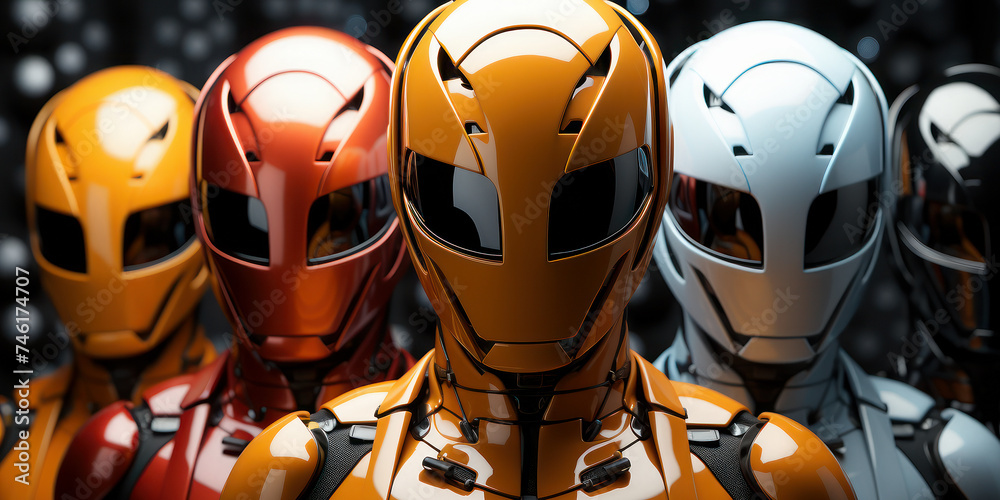 A striking close-up of robotic helmets in orange, white, and red against a dark backdrop