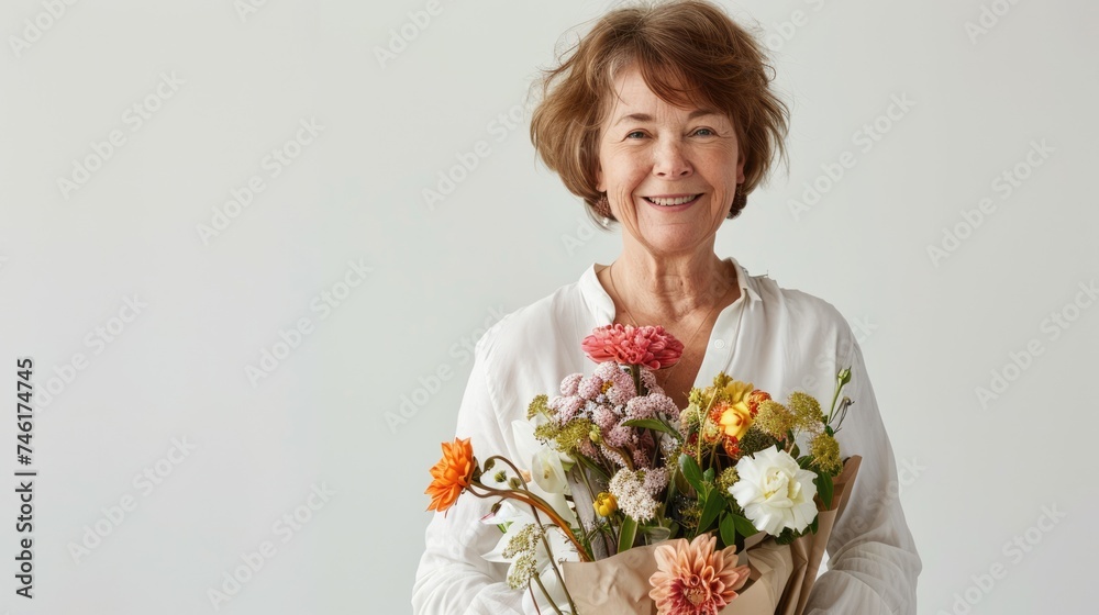 Smiling mature woman with bouquet of spring flowers against white background with copy space. Happy Mother's Day. AI Generated Smiling mature woman with bouquet of spring flowers against white background with copy space. Happy Mother's Day. AI Generated