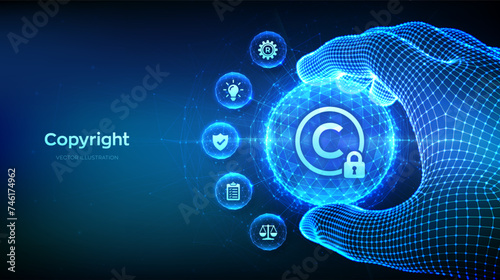 Copyright. Patents and intellectual property protection law and rights concept in the shape of sphere with hexagon pattern in wireframe hand. Protect business ideas. Vector Illustration.