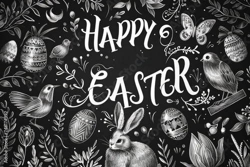 Chalkboard-style Easter greeting with sketched rabbit, birds, ornate eggs, and foliage accents