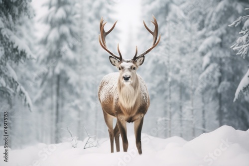 Majestic Reindeer winter forest snow. Deer head. Generate Ai © juliars