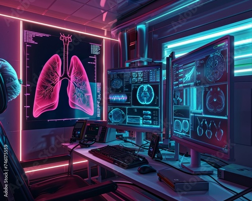Advanced AI diagnosing lung cancer from digital scans neon lit room