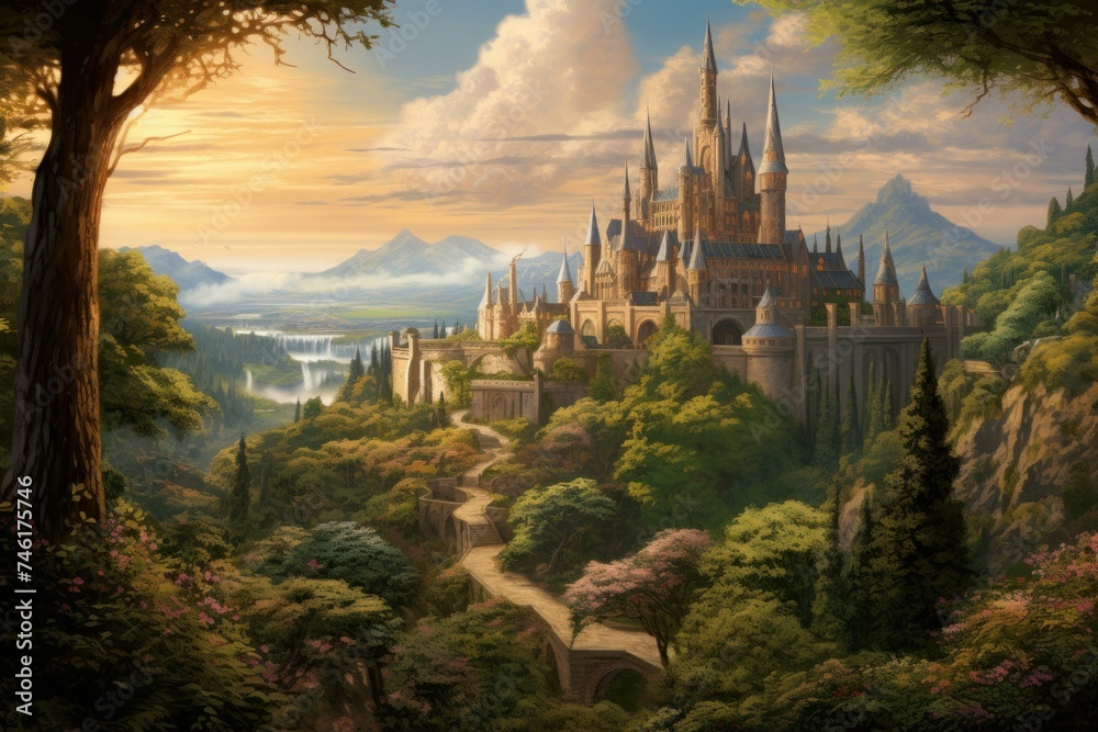 Fototapeta premium Picturesque Landscape renaissance. Nature art trees. Generate Ai