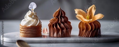 Elegant artistic bakery creations on display where intricate designs are paired with fresh indulgent flavors
