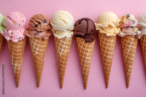 Various flavors of ice cream on pink background
