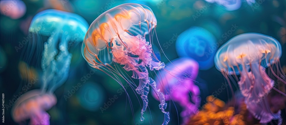 A close-up view of a group of colorful deep sea jellyfish gracefully floating in the water of an aquarium. A close-up view of a group of colorful deep sea jellyfish gracefully floating in the water of an aquarium.
