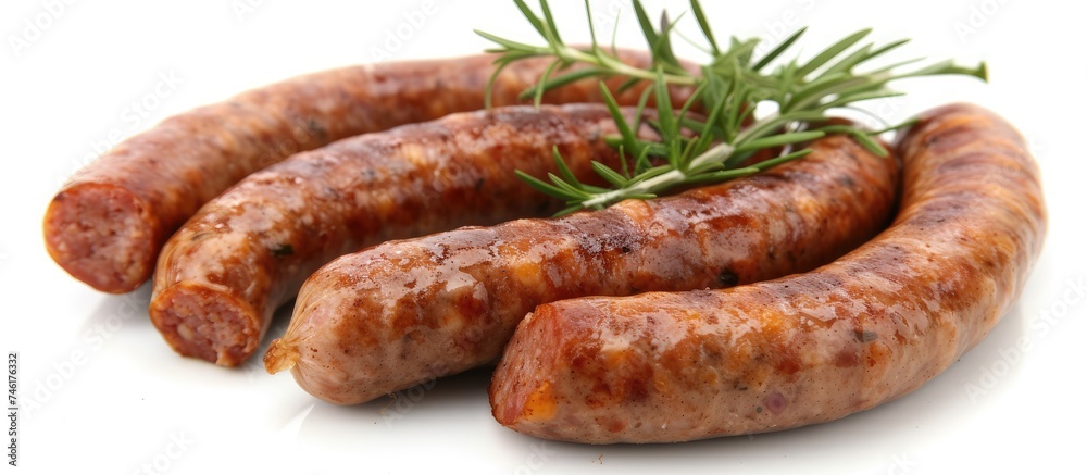 A delicious assortment of sausages, accompanied by a sprig of fragrant rosemary, against a clean white background. A delicious assortment of sausages, accompanied by a sprig of fragrant rosemary, against a clean white background.