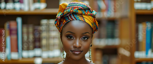 Portrait of a young African woman in a university library in search of knowledge and improvement in her studies. Intelligent ebony African woman in traditional attire. photo