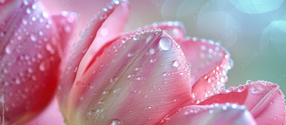 In this close-up photo, sparkling water droplets cling to the delicate petals of a pink tulip, creating a mesmerizing and vibrant display. In this close-up photo, sparkling water droplets cling to the delicate petals of a pink tulip, creating a mesmerizing and vibrant display.