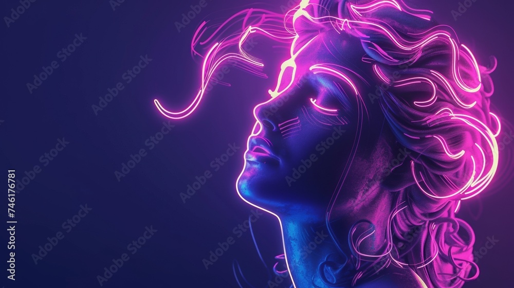 A neon lit depiction of the Greek goddess Aphrodite symbolizing love and beauty