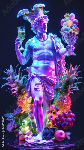 Depict the Roman god Bacchus the god of wine and revelry immersed in a vibrant neon celebration