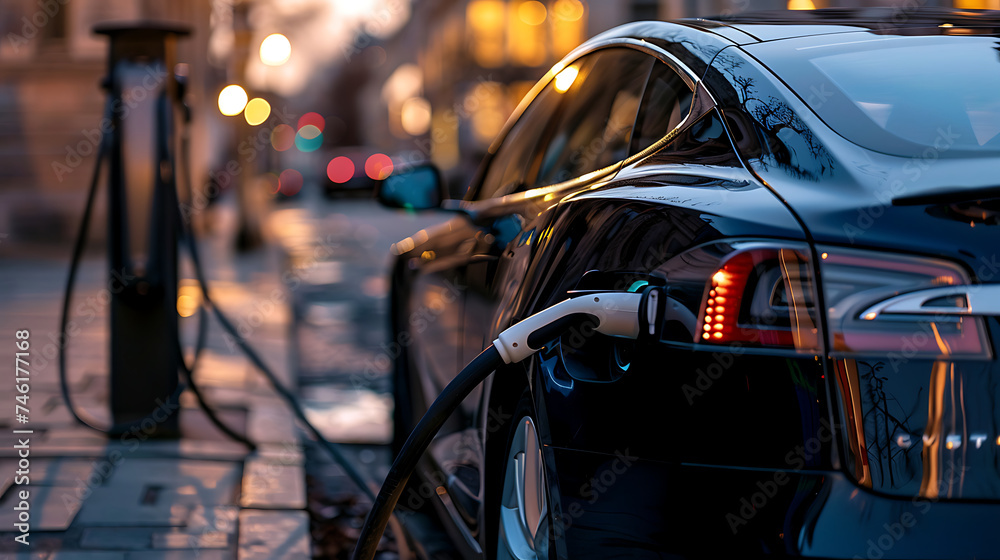 EV car plugged into a charging station, electric transportation powered by electricity.