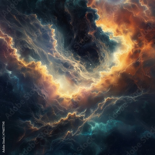 Nebulous Isolation Generate a piece that symbolizes the solitary and empty nature of deep space using nebulae and swirling gas clouds to convey a sense of alienation and detachment photo