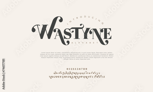 Wastyne premium luxury romadhon alphabet letters and numbers. Elegant wedding typography islamic ramadan serif font decorative vintage retro. Creative vector illustration