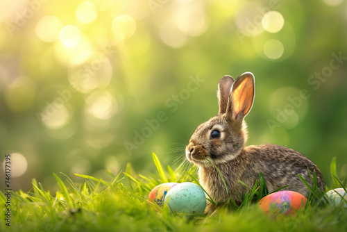 little cute bunny with colorful eggs for easter on a green meadow on background in studio, easter card photo