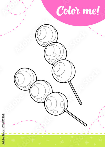 Coloring page for kids with Japanese traditional dessert Hanami Dango. A printable worksheet, vector illustration.